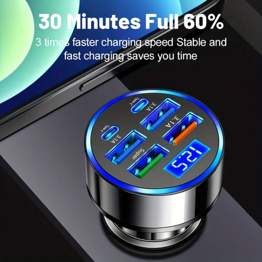 Încărcător auto 6-în-1 cu afișaj LED, adaptor USB 3.0