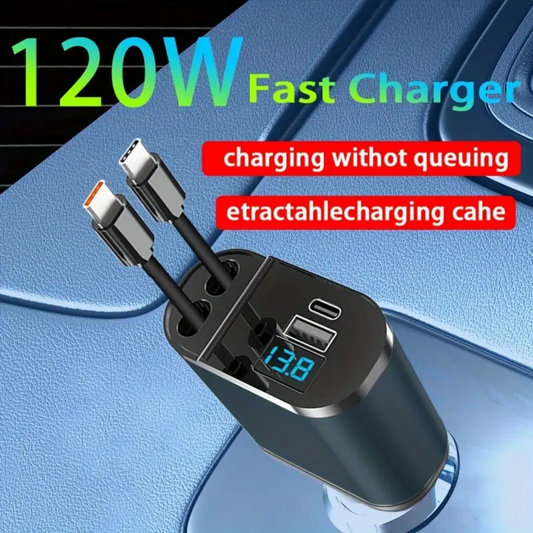 Încărcător auto retractabil rapid 120W, cu 2 cabluri USB Type-C, mufă universală, ieșire 13,8V